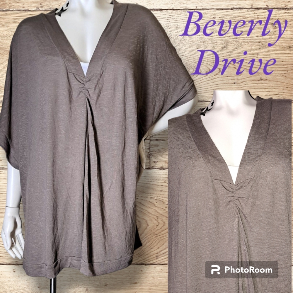 BEVERLY DRIVE VNECK Taupe Blouse Short Dolman Sleeve Semi Burnout Fabric 20w 22w
